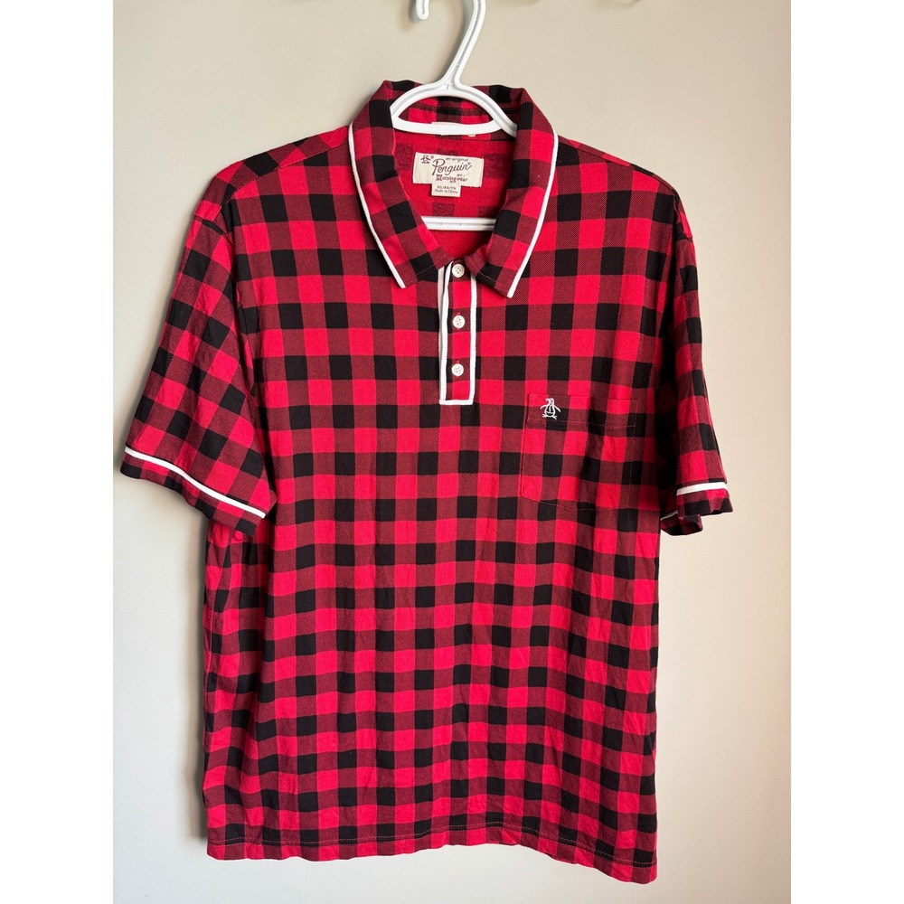 Original Penguin Men Polo Sleep Shirt Red Black Buffalo Plaid XL Heritage Preppy